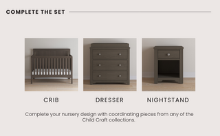 Three pieces of dark wood nursery furniture by Child Craft are shown: the Scout 4-in-1 Convertible Crib in Dapper Gray, a three-drawer dresser, and a nightstand, each set against a light backdrop with a wood floor.
