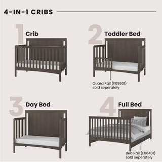 An infographic showcases the Child Craft Scout 4-in-1 Convertible Crib in Dapper Gray, illustrating its transformation from crib to toddler bed (with guard rail), day bed, and full bed (bed rails sold separately), with each stage clearly labeled.