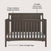The Child Craft Scout 4-in-1 Convertible Crib in Dapper Gray features clean, straight legs, sturdy pine wood construction, and three mattress height positions—a versatile and stylish centerpiece for any baby nursery.