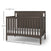 The Child Craft Scout 4-in-1 Convertible Crib in Dapper Gray features vertical slats, a high beadboard headboard, adjustable mattress support, and includes a white mattress. Dimensions: 30.5