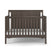 The Child Craft Scout 4-in-1 Convertible Crib in Dapper Gray features vertical slats on all sides, a solid beadboard headboard, and comes with a white mattress and adjustable mattress support, shown on a white background.