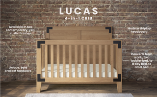 The Child Craft Lucas 4-in-1 Convertible Crib in Nutmeg stands against a brick wall, featuring rustic finishes, a modern shiplap headboard, crib-to-bed conversion, and bold black hardware.