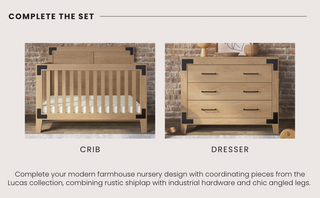 The Lucas 4-in-1 Convertible Crib in Nutmeg by Child Craft, paired with a matching dresser featuring black metal accents, is displayed against an exposed brick wall for a modern farmhouse nursery look.