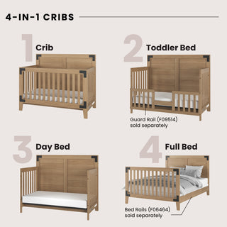 A diagram displays the Child Craft Lucas 4-in-1 Convertible Crib in Nutmeg, showing it as a crib, toddler bed with rails, day bed, and full bed with rails, each configuration clearly labeled.