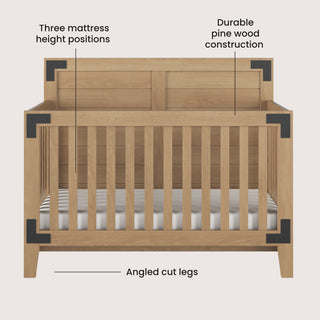 The Child Craft Lucas 4-in-1 Convertible Crib in Nutmeg features angled cut legs, three mattress heights, and sturdy pine wood construction with dark corner accents. Text labels showcase these key features.