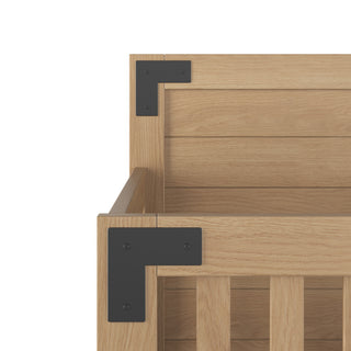 The Child Craft Lucas 4-in-1 Convertible Crib in Nutmeg features light wood with horizontal and vertical slats, accented by black metal brackets on the top and side edges.