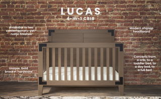 The Child Craft Lucas 4-in-1 Convertible Crib in Dusty Heather, featuring bold black hardware and a modern shiplap headboard, stands against a brick wall. Text notes it converts to a toddler, day, or full bed and is available in two finishes.