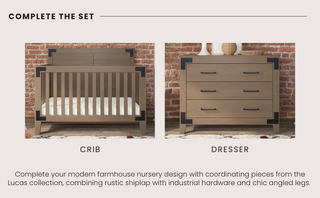 The Child Craft Lucas 4-in-1 Convertible Crib in Dusty Heather, featuring vertical slats and black corner accents, stands alongside a matching three-drawer dresser with black hardware and angled legs against a brick wall.