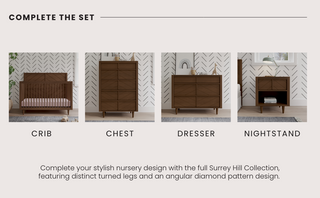 The Child Craft Surrey Hill 5 Drawer Chest in Toasted Chestnut features angular diamond patterns and turned legs, adding style and storage to any nursery. Displayed here against a modern patterned wall for a contemporary look.