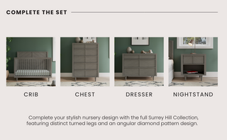The Surrey Hill Nightstand by Child Craft in Lunar Gray features angled legs and a diamond pattern, perfectly matching the crib, chest of drawers, and dresser—all displayed against a green wall.