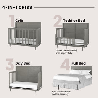 A graphic displays the Child Craft Surrey Hill 4-in-1 Convertible Crib in Lunar Gray converting to a toddler bed, day bed, and full bed, with each stage labeled. Guard and bed rails are sold separately.