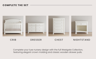 Four white nursery pieces are shown: the Child Craft Westgate 4-in-1 Convertible Crib in Vintage Linen, a dresser, a chest, and a nightstand—all featuring classic wooden drawer pulls and elegant molding on a light wood floor.