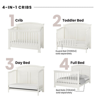 An infographic shows the Child Craft Westgate 4-in-1 Convertible Crib in Vintage Linen as a crib, toddler bed with guard rail, day bed, and full bed. Features adjustable mattress support. Rails for conversion sold separately.