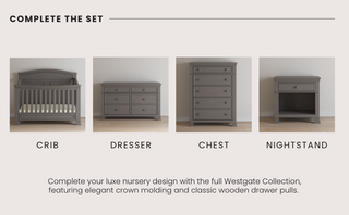 Four pieces of grey nursery furniture are displayed side by side: a crib, a tall chest, a nightstand, and the Child Craft Westgate Double Dresser in Chelsea Gray, all featuring classic wooden drawer pulls and elegant crown molding.