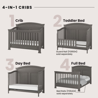The Child Craft Westgate 4-in-1 Convertible Crib in Chelsea Grey transforms from a crib to a toddler bed with guard rail, day bed, and full bed with rails—all using the same adjustable mattress frame with minor changes at each stage.