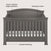 The Child Craft Westgate 4-in-1 Convertible Crib in Chelsea Grey features an arched headboard, slatted sides, elegant base molding, solid pine wood construction, and three adjustable mattress positions.