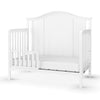 The Child Craft Toddler Guard Rail in Matte White features sturdy wood construction, an arched headboard, partial side rails, open front, vertical side slats, a low mattress position, and a built-in toddler guard rail.