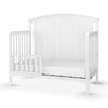 The Child Craft Toddler Guard Rail in Matte White, shown empty against a plain white background, features sturdy wood construction with an open slatted side rail and a solid panel headboard in a simple, modern design.