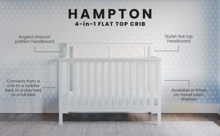 The Child Craft Hampton Flat Top 4-in-1 Convertible Crib in Matte White, crafted from sturdy pine, features a chevron headboard, rustic finish, adjustable mattress support, and converts to toddler, day, or full bed.