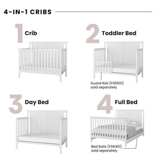Diagram of the Child Craft Hampton Flat Top 4-in-1 Convertible Crib in Matte White, made from sturdy pine. Shows conversion to crib, toddler bed (with guard rail), day bed, and full bed; notes on separate rails and non-toxic finishes included.