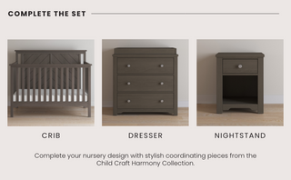 The Child Craft Hampton Flat Top 4-in-1 Convertible Crib in Dapper Gray is a stylish gray wooden nursery crib with a slatted headboard, part of the Harmony Collection.