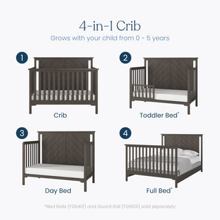 Infographic of the Child Craft Hampton Flat Top 4-in-1 Convertible Crib in Dapper Gray, showing its four configurations: crib, toddler bed, day bed, and full bed.