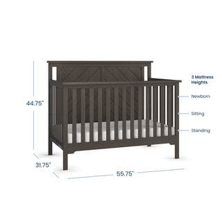Hampton Flat Top 4-in-1 Convertible Crib in Dapper Gray, featuring a paneled headboard with dimensions and labels for three adjustable mattress height positions.