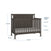Hampton Flat Top 4-in-1 Convertible Crib in Dapper Gray, featuring a paneled headboard with dimensions and labels for three adjustable mattress height positions.