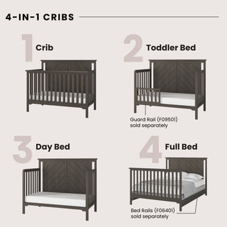 An infographic of the Child Craft Hampton Flat Top 4-in-1 Convertible Crib in Dapper Gray shows it converting from crib to toddler bed (partial rail), day bed, and full bed with headboard and footboard; guard and bed rails sold separately.