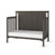 The Child Craft Hampton Flat Top 4-in-1 Convertible Crib in Dapper Gray features vertical slatted sides, a solid chevron-patterned back, an open front for easy access, and comes with a white mattress.