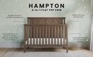 The Child Craft Hampton Flat Top 4-in-1 Convertible Crib in Dusty Heather stands out with its chevron-patterned headboard, stylish design, flat top, and three rustic finishes, shown here against star-patterned wallpaper.