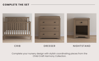 Three pieces of Child Craft nursery furniture in Dusty Heather finish: the Hampton Flat Top 4-in-1 Convertible Crib, a four-drawer dresser, and a nightstand with one drawer and open shelf from the Harmony Collection.