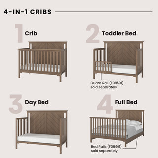 A graphic showcases the Child Craft Hampton Flat Top 4-in-1 Convertible Crib in Dusty Heather, crafted from pine. It transforms into a crib, toddler bed with guard rail, day bed, and full bed. Each stage is numbered with a brown wooden frame.