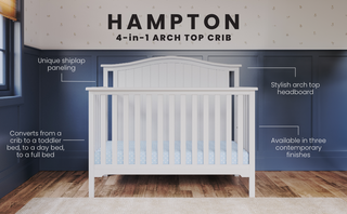 The Child Craft Hampton Arch Top 4-in-1 Convertible Crib in Matte White features shiplap paneling, an arch top headboard, adjustable mattress support, and comes in three finishes—ideal for a navy blue nursery.
