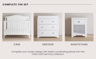Three white nursery pieces are shown: the Child Craft Hampton Arch Top 4-in-1 Convertible Crib in matte white, a matching three-drawer dresser, and a nightstand with one drawer and open shelf—all from the Child Craft collection.