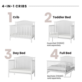 A diagram displays the Child Craft Hampton Arch Top 4-in-1 Convertible Crib in Matte White, made of pine, transforming through four numbered stages: crib, toddler bed with rail, day bed, and full-size bed (guard rails sold separately).