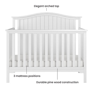 The Child Craft Hampton Arch Top 4-in-1 Convertible Crib in Matte White features an elegant arched top, three-position adjustable mattress support, and durable construction. Text labels highlight each feature.