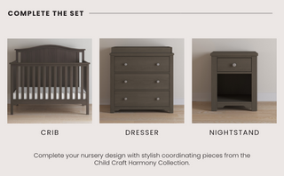 Three nursery pieces from Child Craft, including the Hampton Arch Top 4-in-1 Convertible Crib in Dapper Grey, a matching three-drawer dresser, and a nightstand, are displayed side by side on a light background.