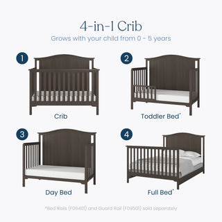 Four diagrams showing the Dusty Heather Child Craft Hampton Arch Top 4-in-1 Convertible Crib configured as a full crib, toddler bed, day bed, and full-size bed with adjustable mattress support.