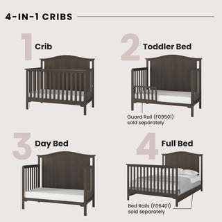 The Child Craft Hampton Arch Top 4-in-1 Convertible Crib in Dapper Grey is shown as a crib, toddler bed (with guard rail), day bed, and full bed (with rails). Adjustable mattress support. Guard and bed rails sold separately.