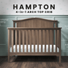 The Child Craft Hampton Arch Top 4-in-1 Convertible Crib in Dusty Heather features unique shiplap paneling, a stylish arch top, three finishes, and converts to four bed types—perfect for a green-paneled nursery.