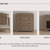 Three-piece nursery set from Child Craft includes the Hampton Arch Top 4-in-1 Convertible Crib in Dusty Heather, a two-drawer dresser, and a single-drawer nightstand, all in a coordinating light brown finish.