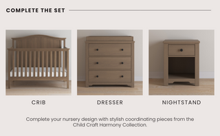Three-piece nursery set from Child Craft includes the Hampton Arch Top 4-in-1 Convertible Crib in Dusty Heather, a two-drawer dresser, and a single-drawer nightstand, all in a coordinating light brown finish.