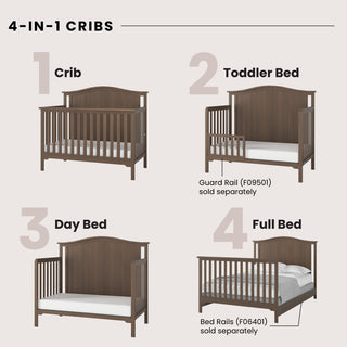 Diagram of the Child Craft Hampton Arch Top 4-in-1 Convertible Crib in Dusty Heather, showing how it transitions to a toddler bed, day bed, and full bed—all with the same headboard. Guard rail and bed rails are sold separately.
