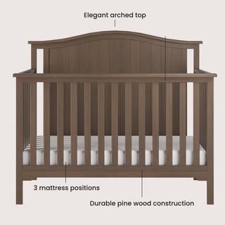 The Child Craft Hampton Arch Top 4-in-1 Convertible Crib in Dusty Heather features an elegant arched top, vertical slats, a white mattress, 3 mattress positions, and durable pine wood construction.