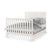 The Child Craft Woodland 4-in-1 Convertible Crib in Brushed Cotton features a white wooden frame with slatted headboard and footboard, and is shown neatly made with gray and white bedding and pillows.