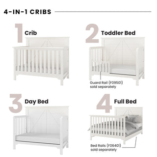 The Child Craft Woodland 4-in-1 Convertible Crib in Brushed Cotton transitions from crib to toddler bed (with guard rail), day bed, and full bed (with bed rails). Each setup is labeled; guard and bed rails sold separately.