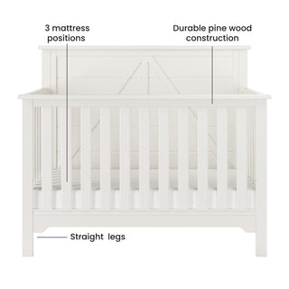 The Child Craft Woodland 4-in-1 Convertible Crib in Brushed Cotton features vertical slats, three mattress heights, sturdy pine wood construction, straight legs, and a solid headboard with a decorative panel design.