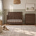 A Child Craft Woodland 4-in-1 Convertible Crib in Brushed Truffle with a farmhouse-style headboard and a matching three-drawer dresser in a nursery.