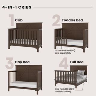 The Child Craft Woodland 4-in-1 Convertible Crib in Brushed Truffle converts from crib to toddler bed (with guard rail), day bed, and full bed (with bed rails). Features adjustable mattress support. Guard and bed rails sold separately.